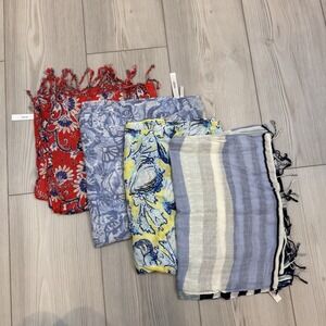 Lot Of 4 Talbots Oblong Scarfs Beachy Fringe Details Colorful Seashells Striped